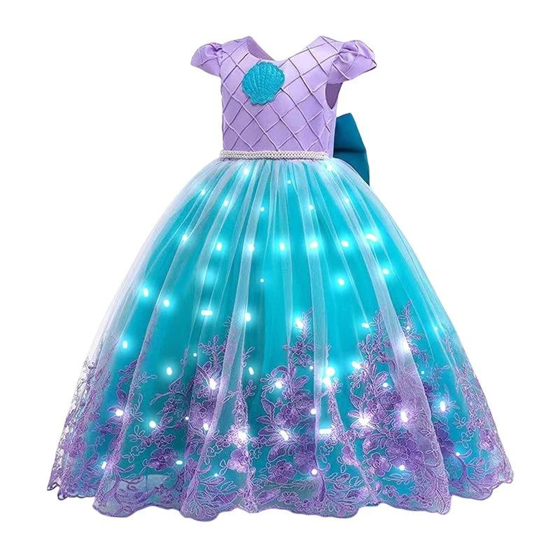 Easter Ocean Mermaid Heavy Lace LED Tutu Dress, Girls Holiday Stage Performance Wholesale Flashing Gown Blue