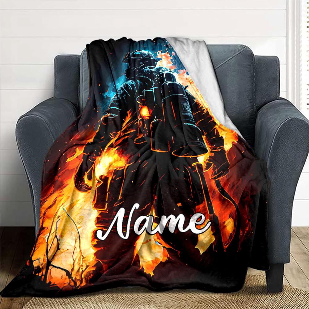 Firefighter Flames Blanket With Customizable Name Four Seasons Comfortable Shawl Blanket Suitable For Home Travel Camping Office Decoration Perfect