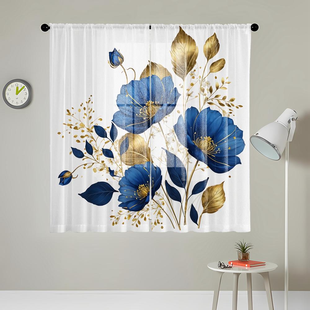 2 Stück HD Digital Blau Roségold Blattdruck Fensterblende Heimdekor Stil Dekoration Wohnzimmer Schlafzimmer Stangenvorhang E