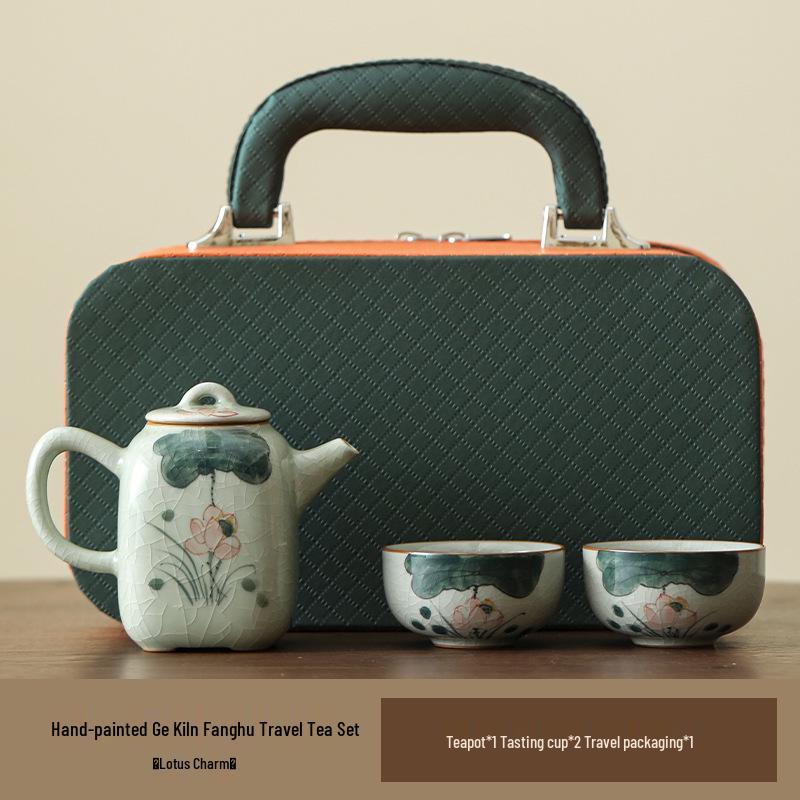 Hand-Painted Ge Kiln Ceramic Kung Fu Tea Set: Teapot & Two Cups Portable Set
