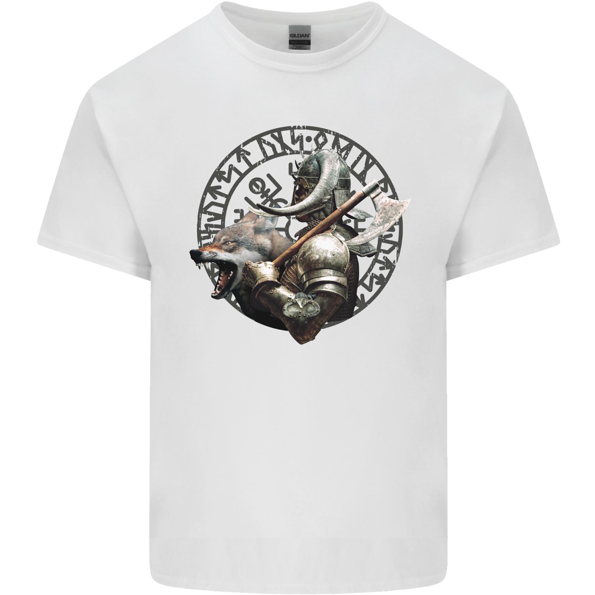 Viking Wolf and Axe With Vegvisir Viking Symbols Unisexs Light Cotton TShirt S