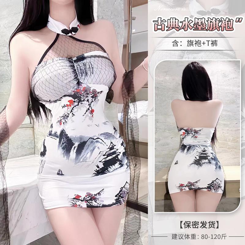 Internet Celebrity Clothing New Improved Printed Cheongsam Sex Underwear Backless Slim Slit Hip Skirt Chinese Style Nightdress
