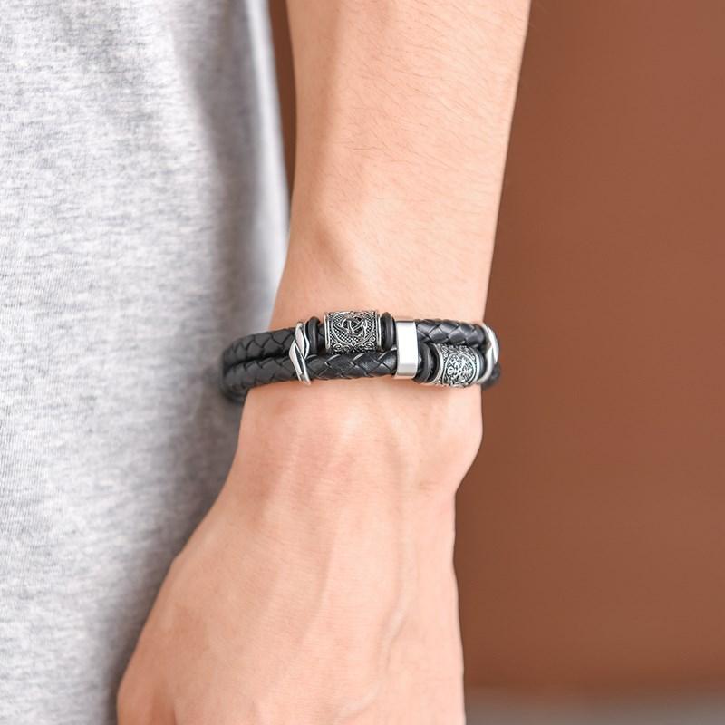 Viking compass Norse Runes Amulet Double-Layer Stainless Steel Men's Leather Bracelet Norse Mythology Jewelry