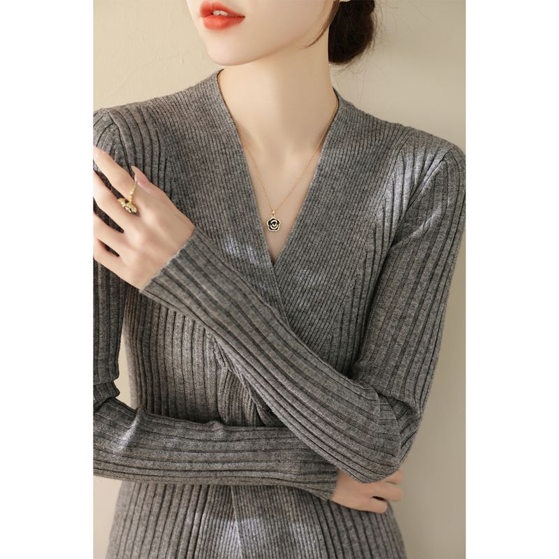

Cross Collar Sweater Silm Knot Long Sleeves Knitwear Melange gray XL