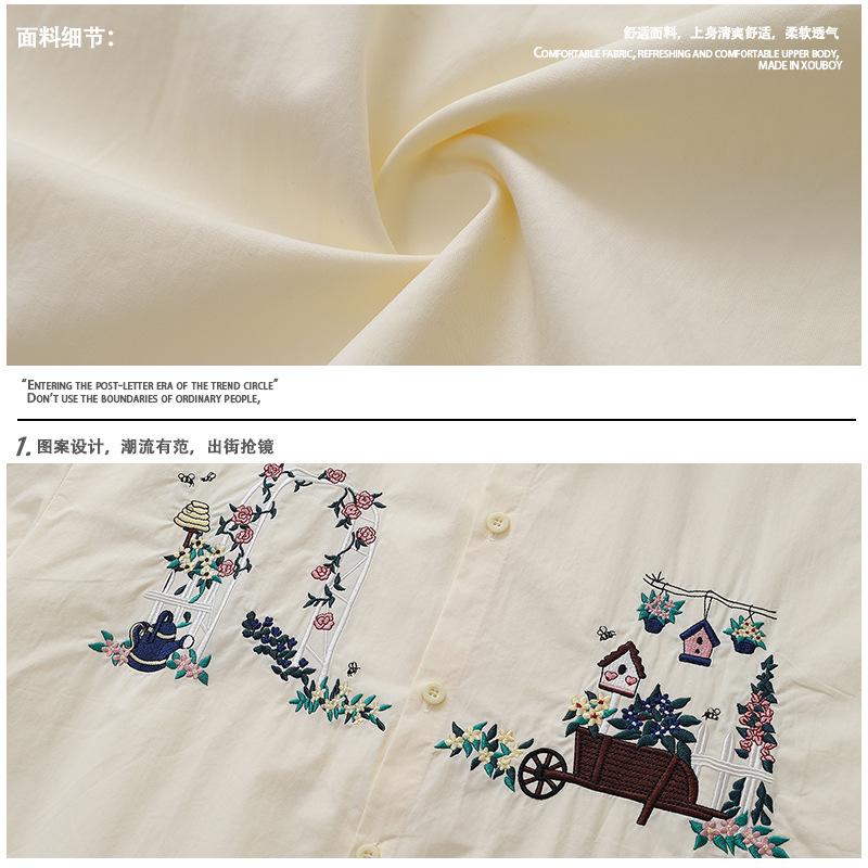 Japanese retro college style fun plant flower embroidered short-sleeved shirt men's and women's loose American shirt 2025 summer
