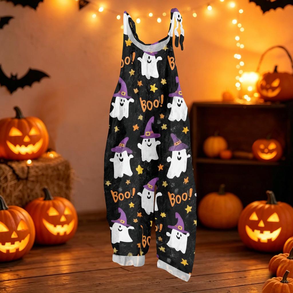 Women Casual Loose Fit Jumpsuit Halloween Print Vintage Style Sleeveless Overalls Cotton Linen Fabric Comfortable Design
