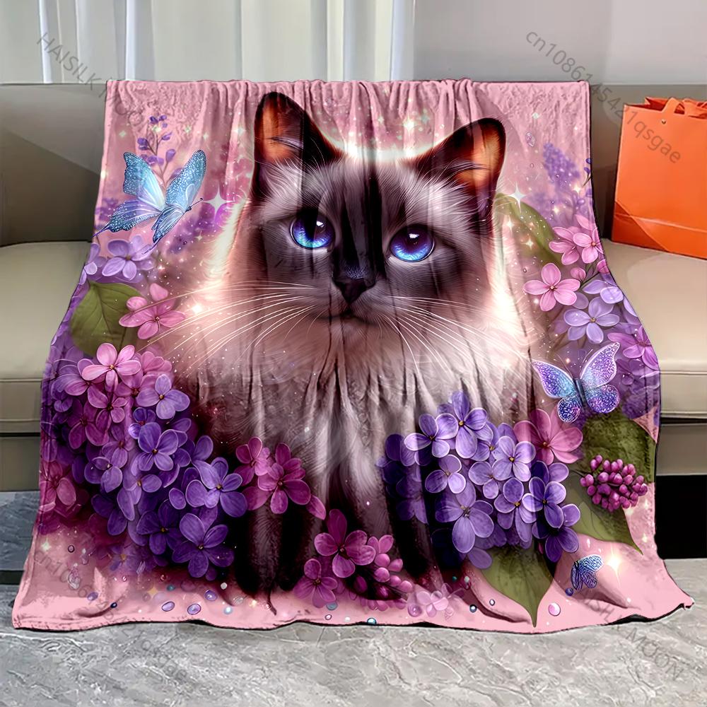 

1PC Cat and Purple Flowers Print Blanket Warm Soft Luxury Gift for Child Adults Suitable for Home Sofa Bed Travel Camping 75x100cm