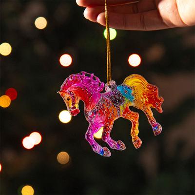Pendentif Suspendu Cheval Année du Zodiaque en Acrylique 2D Ornements pour Sapin de Noël Sac Décoratif Porte-Clés de Voiture Charms sur le Téléphone