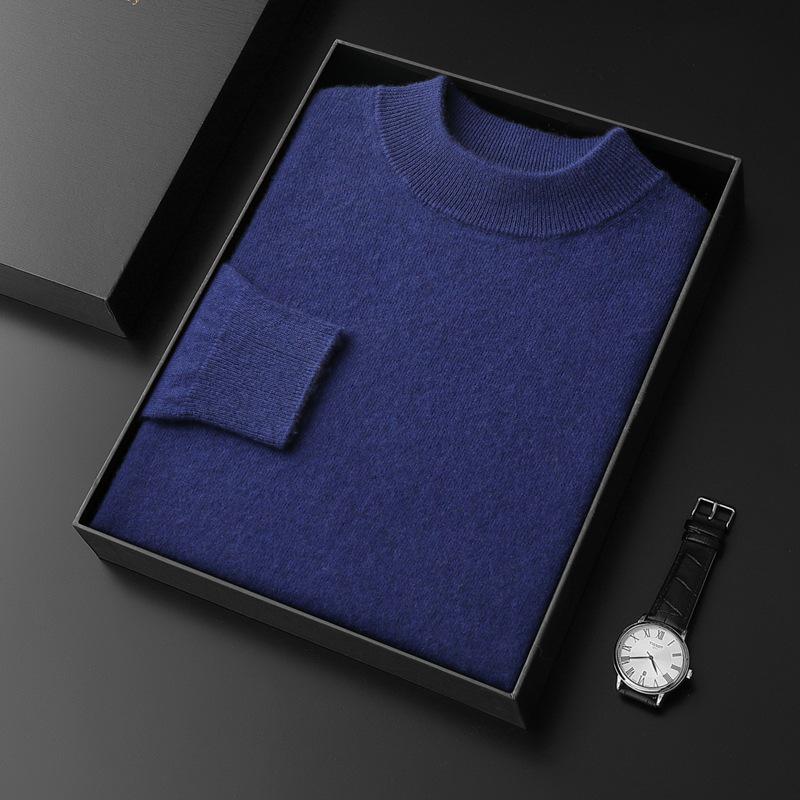 Men's Seamless Cashmere Sweater, Half-High Collar, Solid Color, Loose Fit, Plus Size, Base Layer for Autumn and Winter.