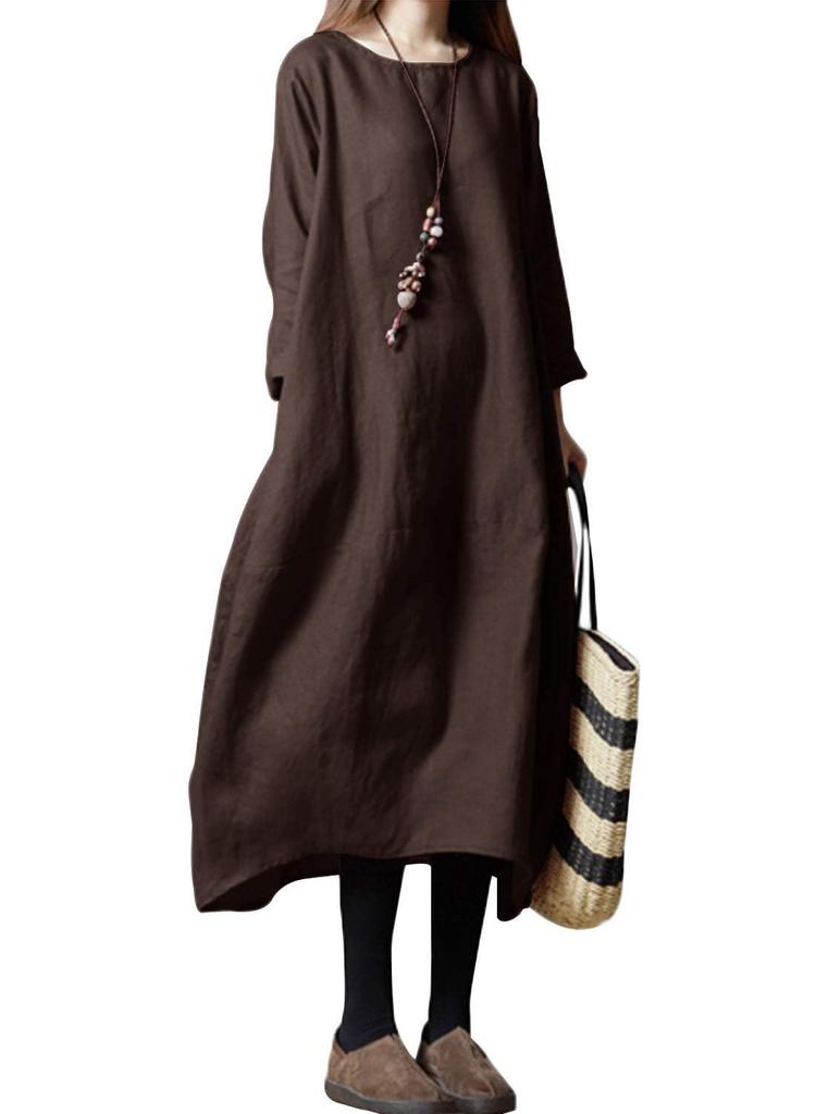 KEQIKAI Lang Lang Dünn Baumwolle Leinen Schlankmachende Tunika Maxi Locker Einfarbig Figur Plus Kleidung Damenkleid, Sommer, Ärmel, Kleid, Länge, Passform, Farbe,