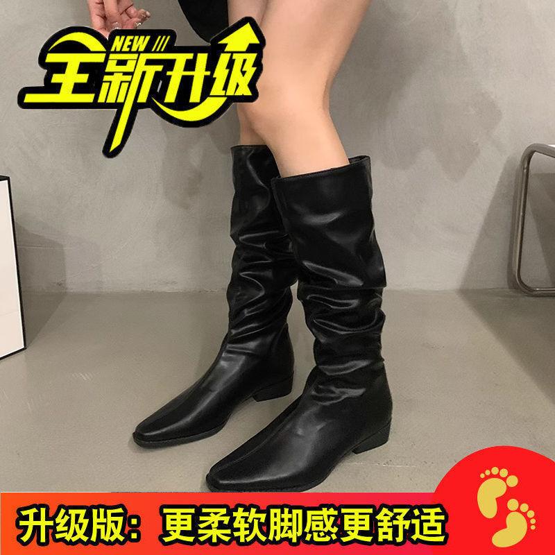 Thick heel pleated long tube knight boots women's shoes 2025 new spring and autumn western thin medium tube long boots
