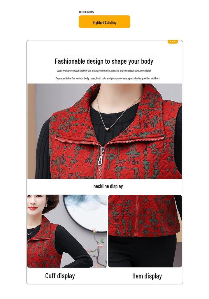 Plus Size Lightweight Zipper Vest for Middle-aged and Elderly Women - Spring/Autumn