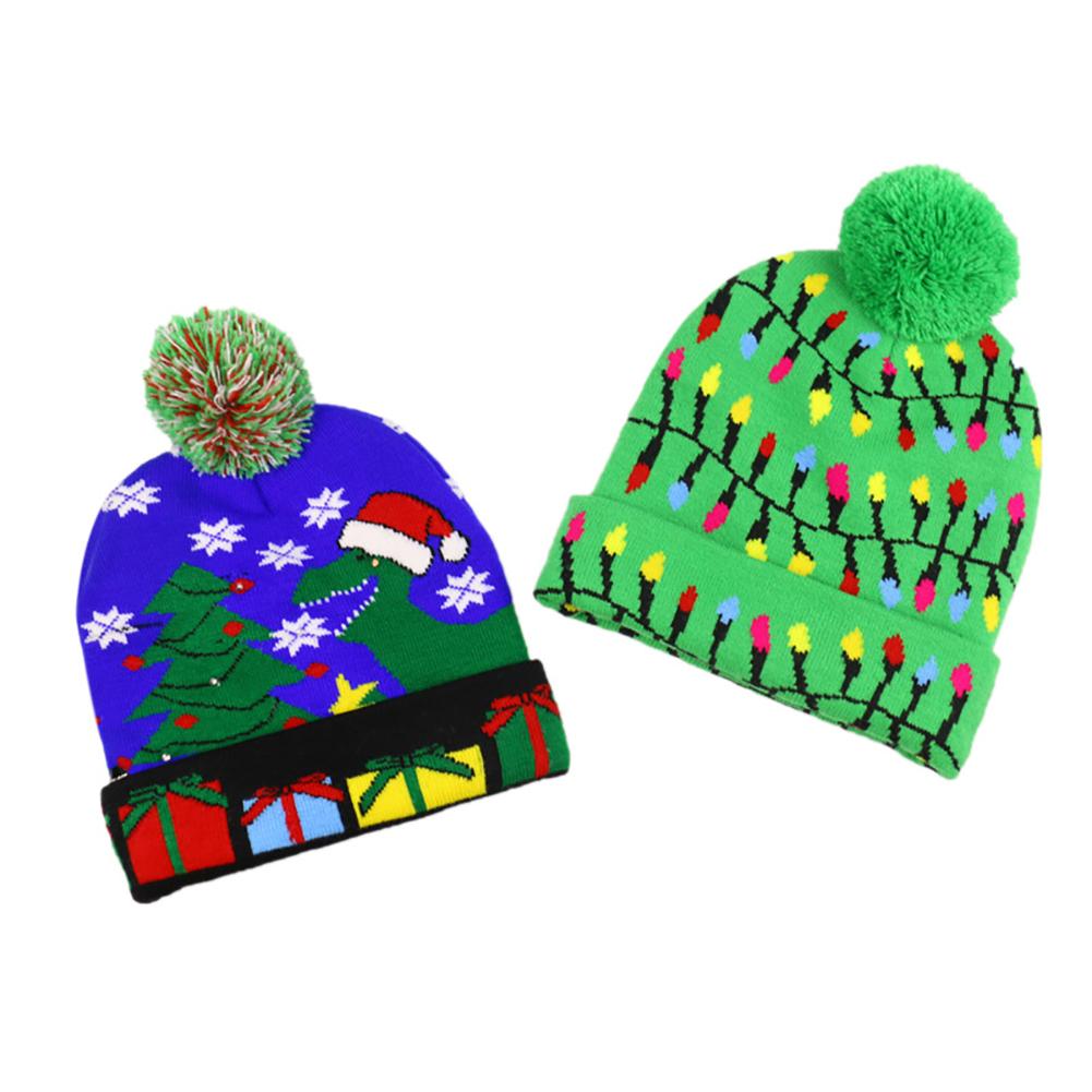 Christmas Knitting Hat Colorful LED Light Wool Ball Snowman Snowflake Elk X-mas Tree Beanies