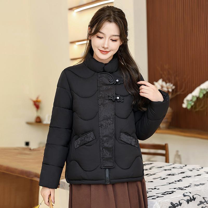 

New Chinese buckle stand-up collar down cotton jacket women s winter 2025 new cotton jacket cropped padded jacket M чёрный