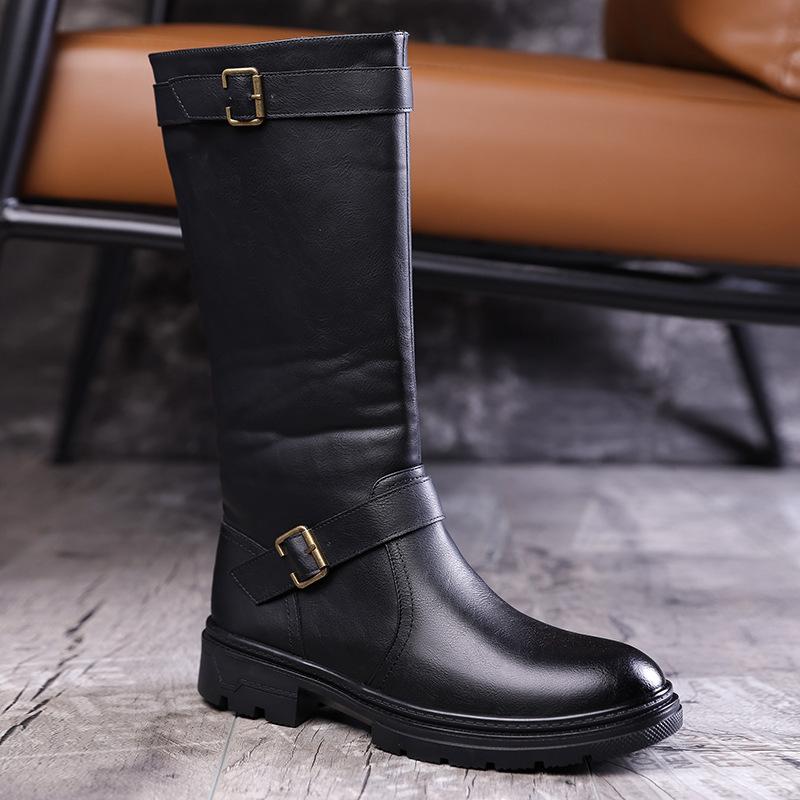Leather Boots Spring and Autumn Zipper Low-heeled Boots European and American Style Knight Boots High Boots