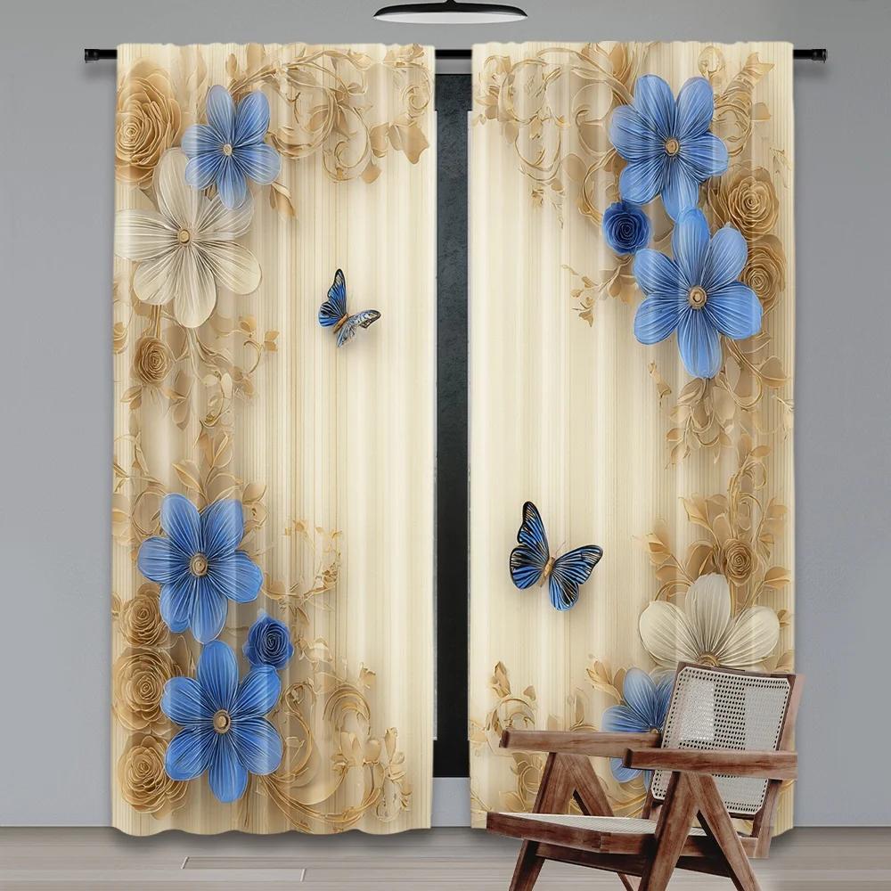 Set Of 2 Flat Printing Party Window Curtains Floral Butterfly Scene Digital Printed Polyester Drapes Festive Use Curtain