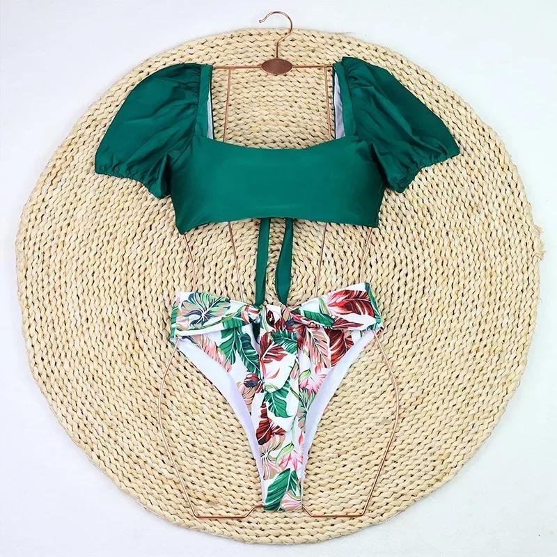 

Сексуальный женский купальник-бикини Push Up, купальник с высокой талией, бантом, рукавами-пузырями, принтом листьев и подсолнухов, комплект бикини, купальный костюм L темно-зеленого