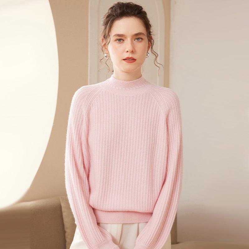 Women's Cashmere Pullover: Loose Fit, Thick 7-Gauge, Half-High Collar, Solid Color Knitwear Sweater for Autumn/Winter.