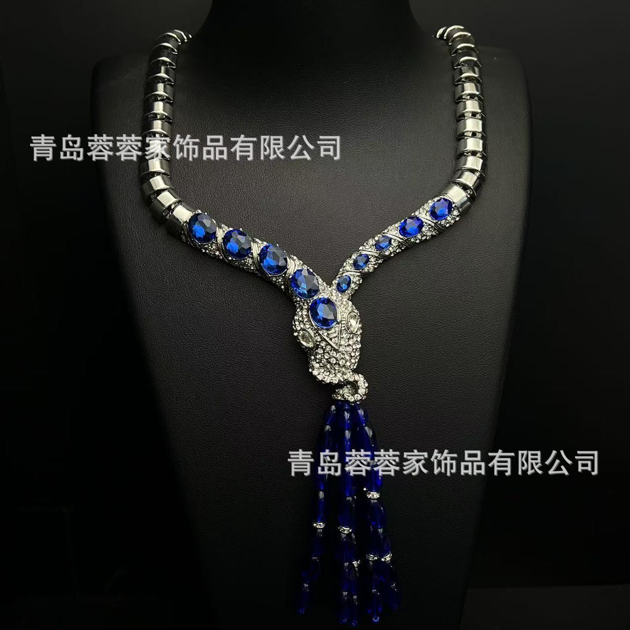 

European Style Western Full Snake Head Blue Bead Tassel Earrings Heavy-duty Luxury Elegant Temperament Of Antique Jewelry