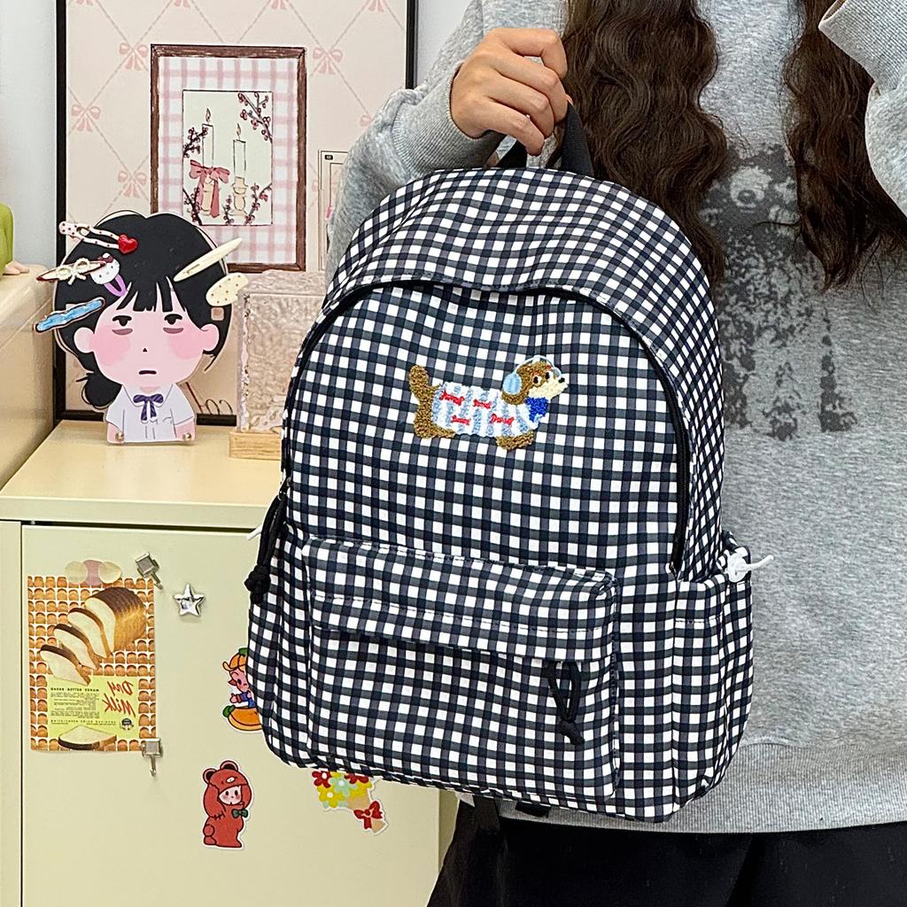 Schoolbagins Cartoon Puppy Backpack Women's Fashion Versatile Plaid Student School Bag Large Capacity Casual Backpack