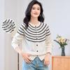 [100% Sheep Wool] Autumn and Winter New Striped Splicing Cardigan Exquisite Thick Women's Woolen Sweater