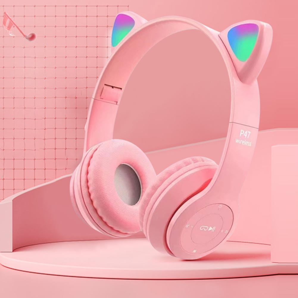 Gaming Headset Cat Ear Bluetooth-Compatible Helmets Stereo Bass Over-Ear Headsets Cute Sports Headphones for Kids and Adult
