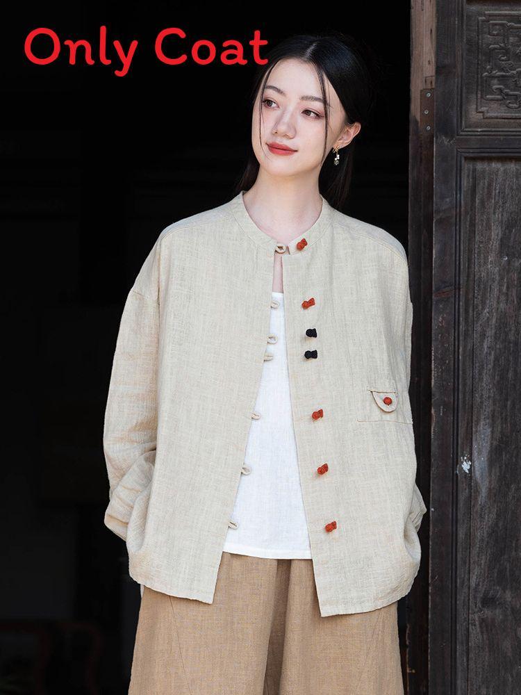 Spring 2026 Vintage Cotton Linen Shirt For Women With Colorblock Closure