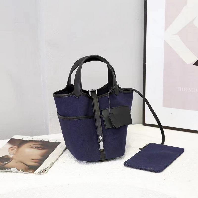 2026 New Cowhide with Canvas Vegetable Basket Bag Lock Pocket Change Bag Fashion Casual Portable Canvas Bag