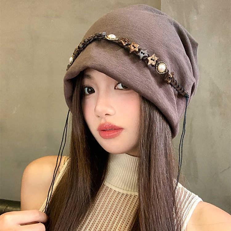 Korean Star Beaded Tassel Pile Hats Autumn and Winter Versatile Retro Pullover Hat Windproof and Warm Big Head Circumference Cold Hat Trend