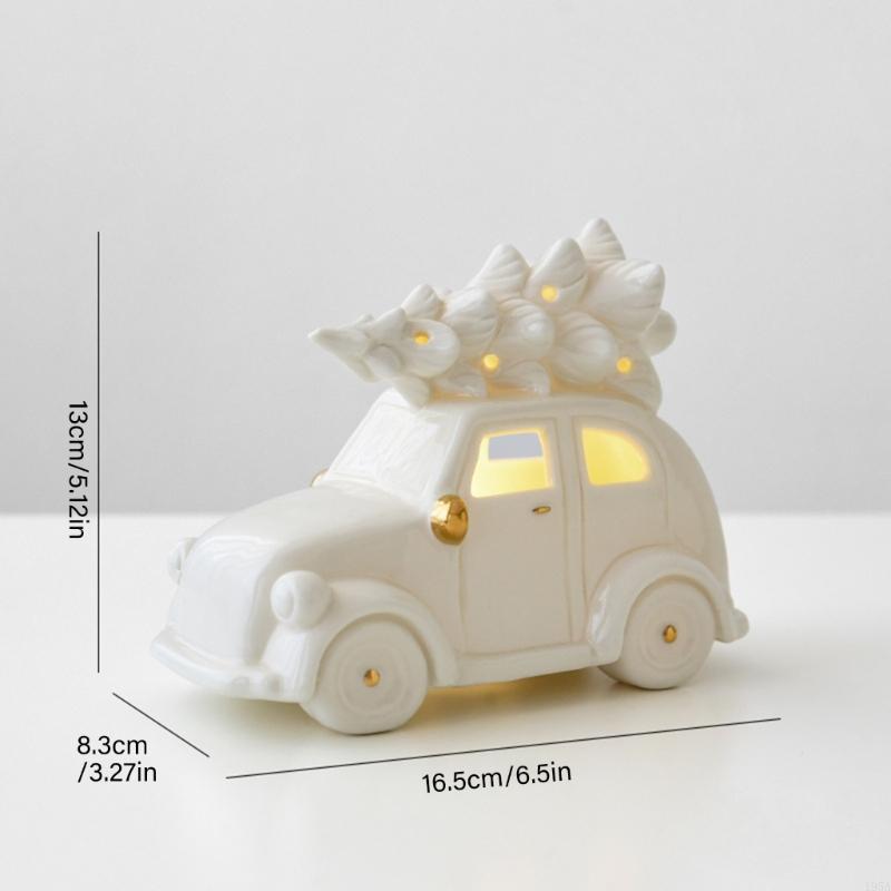 Miniature Ceramic Christmas Tree Snowman Car Sculpture With Cutout and LED Lighted for Home Office Desktop Shelf Decors