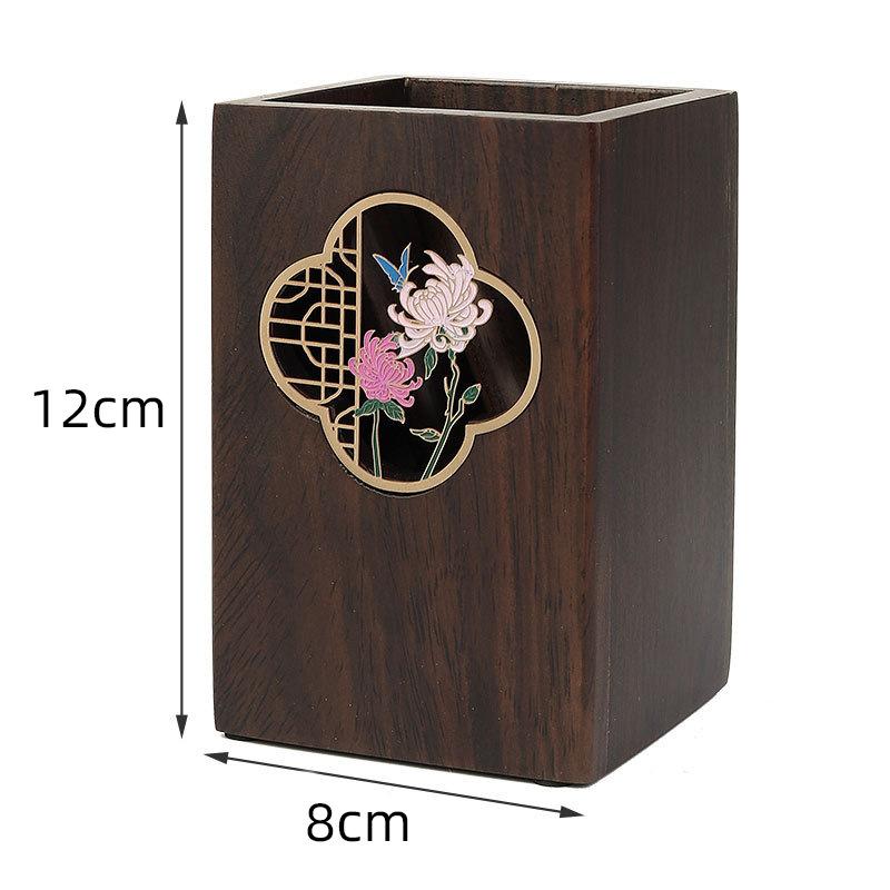 1pcs Multifunctional Ebony Wood Pen Holder Chinese Style Engraved Desktop Organizer Retro Wooden Desk Decor Business Gift Box