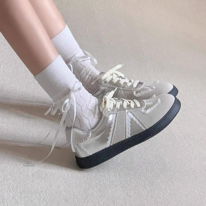 Silver Sneakers Women's Summer Lace Color Matching German Training Shoes Ballet Platform White Shoes Casual Round Head Board Shoes