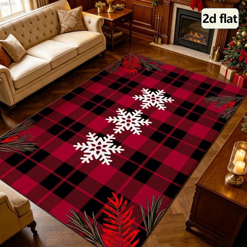 Red Black Buffalo Plaid Snowflake Christmas Decor Rug, All Season Floor Mat for Living Room, Bedroom, Fireplace, Kitchen