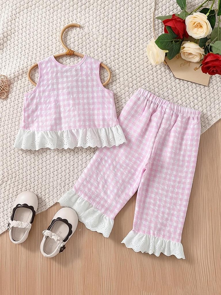 Summer Countryside Style Infant Baby Girls Clothing Set Sleeveless Top with Plaid Long Pants Retro Lace Butterfly Two Piece Outfit