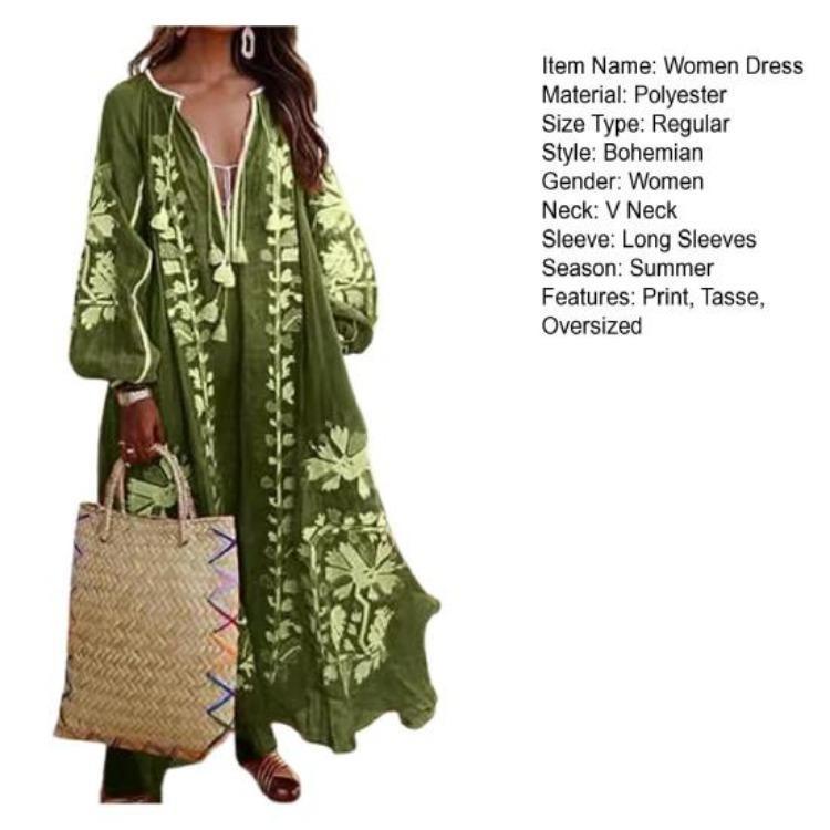 Women Summer Bohemian Floral Print Maxi Dress Deep V Neck Long Sleeve Oversized A Line Flowy Hem Retro Beach Vacation Tassel Dress