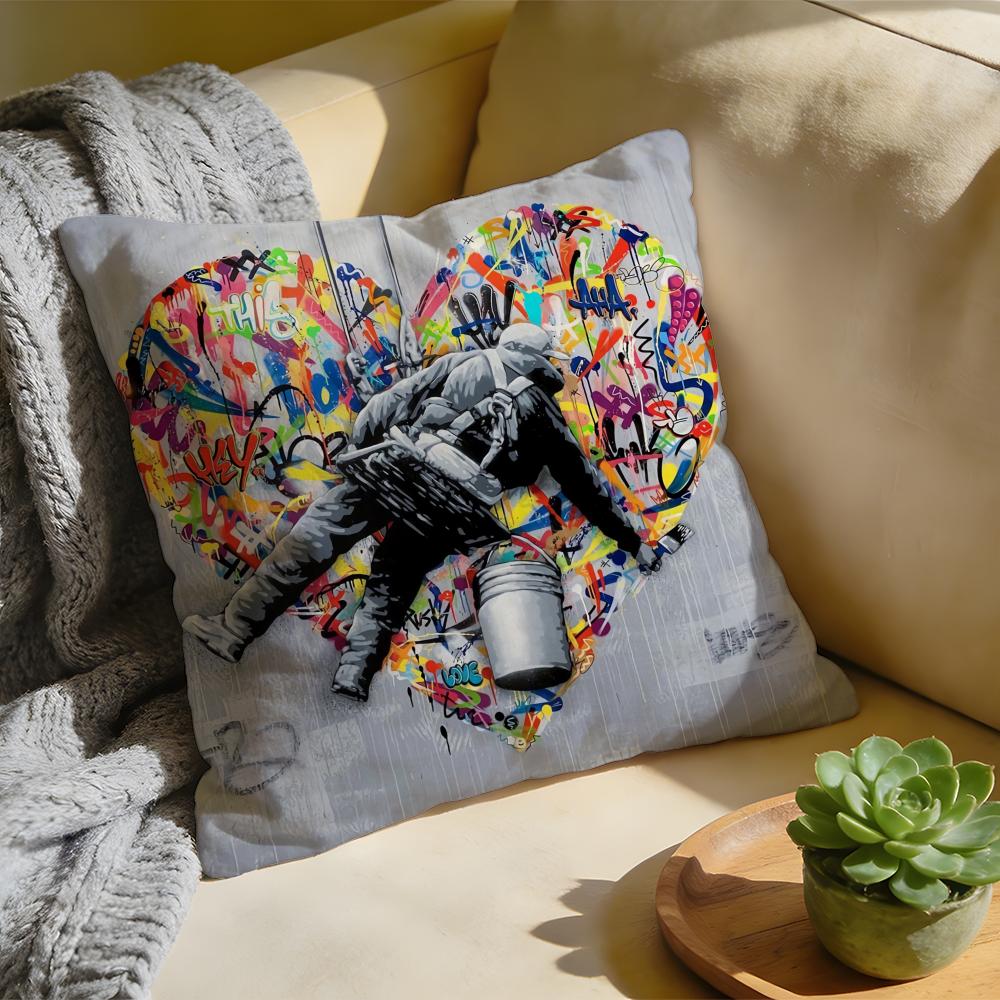 Cushion Cover Washed Linen Soft Breathable Decorative Case for Sofa Home Pillow Cover Banksy Street Graffiti Art