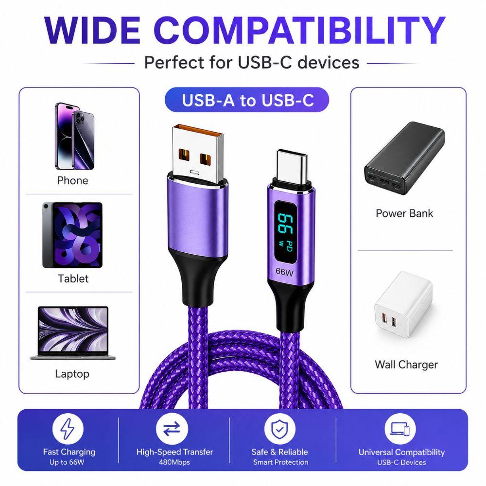 66W USB-A To USB-C Cable Nylon Braided Fast Charging Data Cable  Phone Charging
