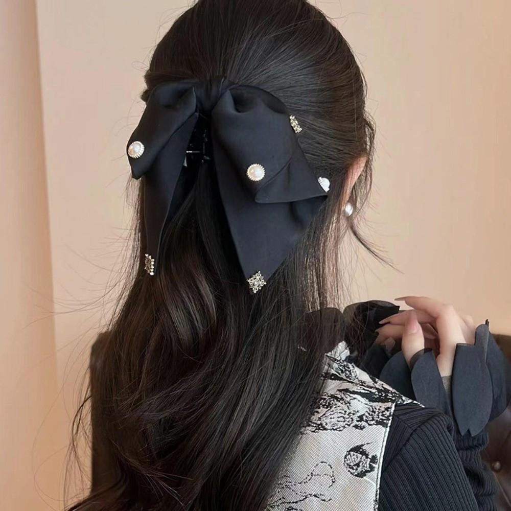 Beads Black Bow Shark Clip French Style Women Sequin Hairgrips Shiny Rhinestone Hair Claw Daily