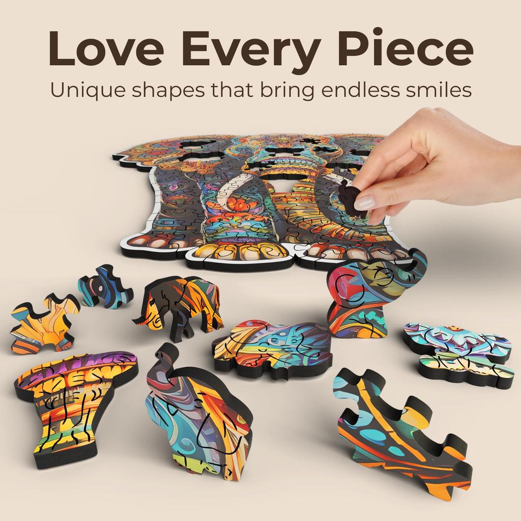 CRAFTHUB Holzpuzzles – Lebendiges Elefantenpuzzle – Holzpuzzles für Erwachsene & Kinder – Einzigartig geformtes Holz, Familienspiel, Erwachsenengeburtstag,