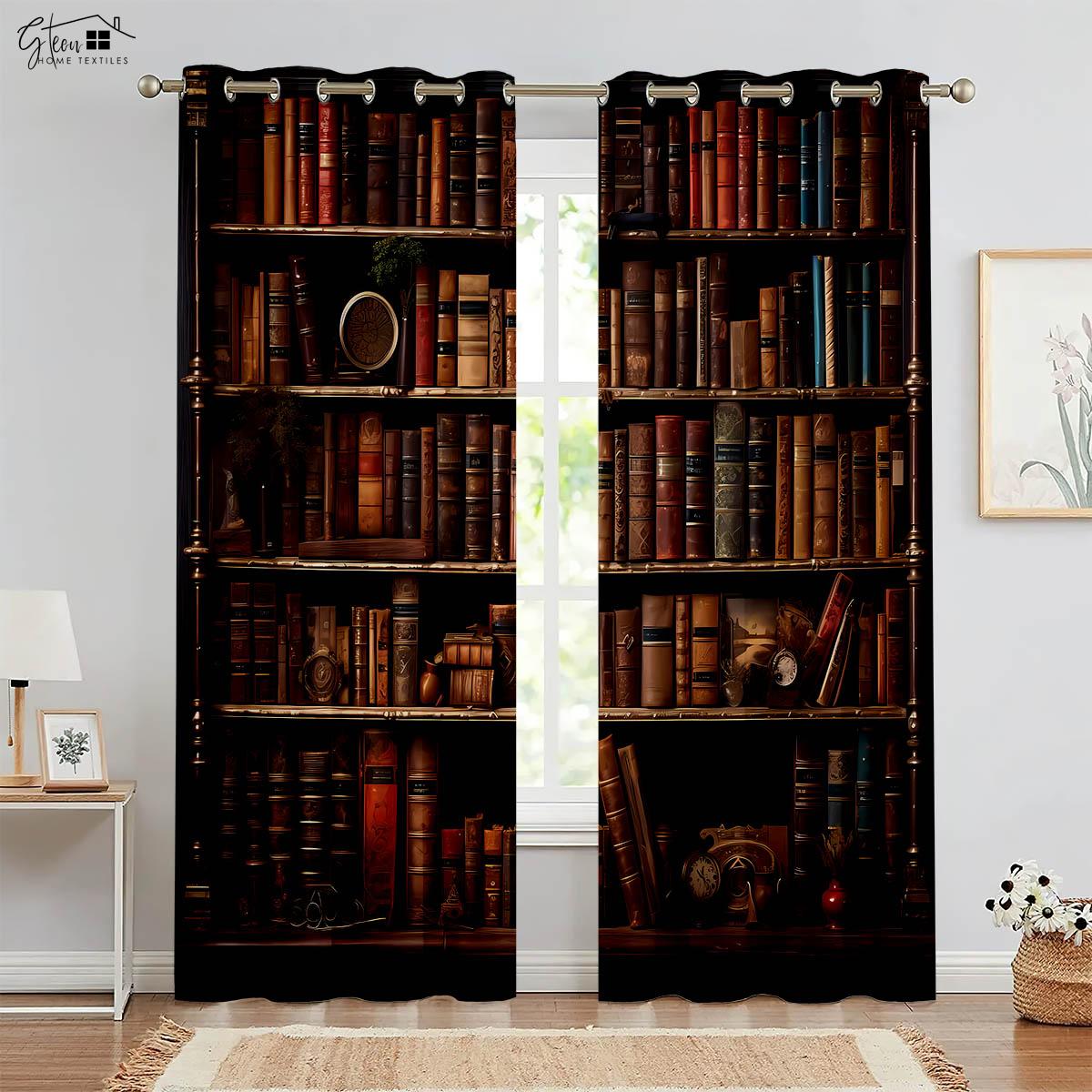 Retro Bücherregal 3D-gedruckte Vorhänge Schlafzimmer Wohnzimmer Küche Arbeitszimmer Vorhang Stangentasche Maschinenwaschbar 2-teiliges Set W50xH130(CM)x2PCS&Grommet Top