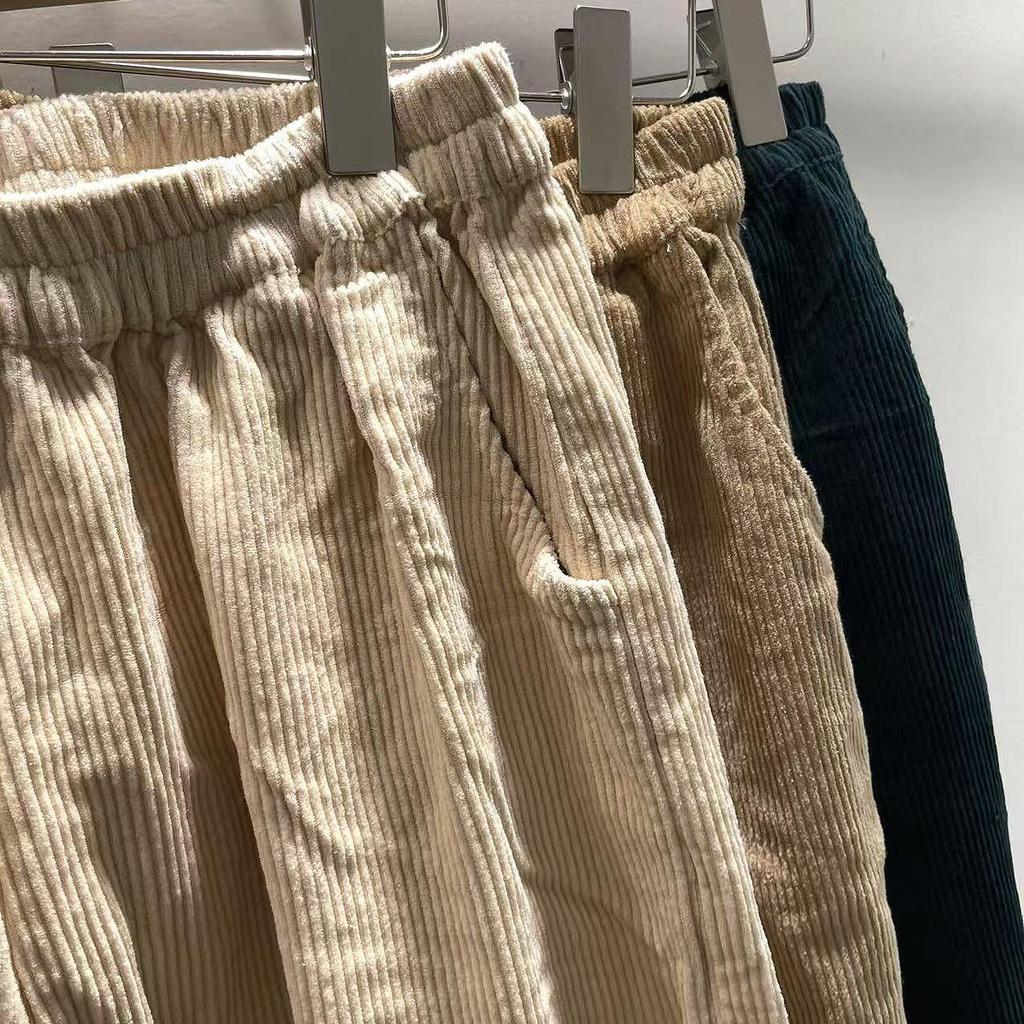 Autumn/Winter Mori Girl Style Women's Corduroy Wide-Leg Pants with Elastic Waistband and Lace Hem