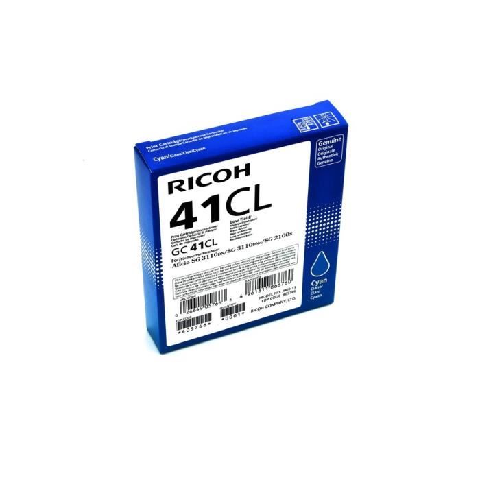 Cartouche d'encre Gel Cyan - RICOH - GC41CL - Capacité 600 pages - Technologie Jet d'encre - Compatible SG2100N