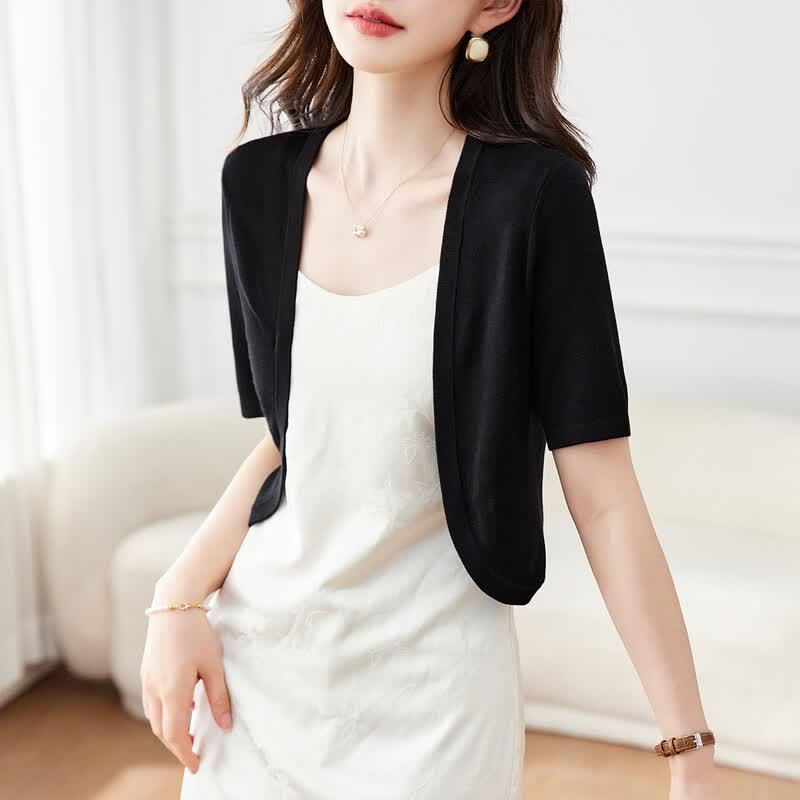 Srcr Women s Short Sleeve High-Waist Knit Cardigan with Silk L
