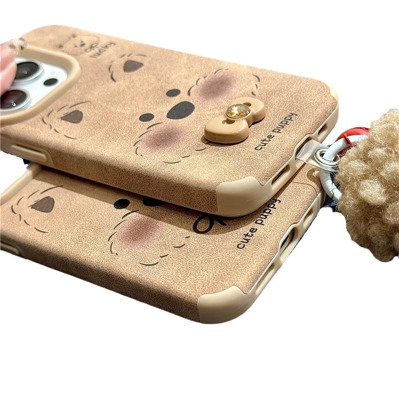 Cute Dog 16promax Brown Leather Silicone Phone Case for Apple 15plus All-inclusive for IPhone14/13