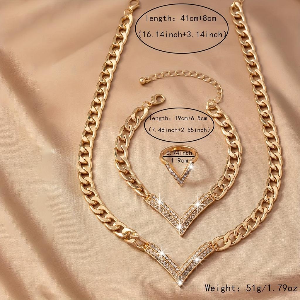 Ring + Bracelet + Necklace Stylish Jewelry Set Sparkling V + Chain Design Match Daily Outfits Party Accessories Perfect Decor Fashion Trends Followers