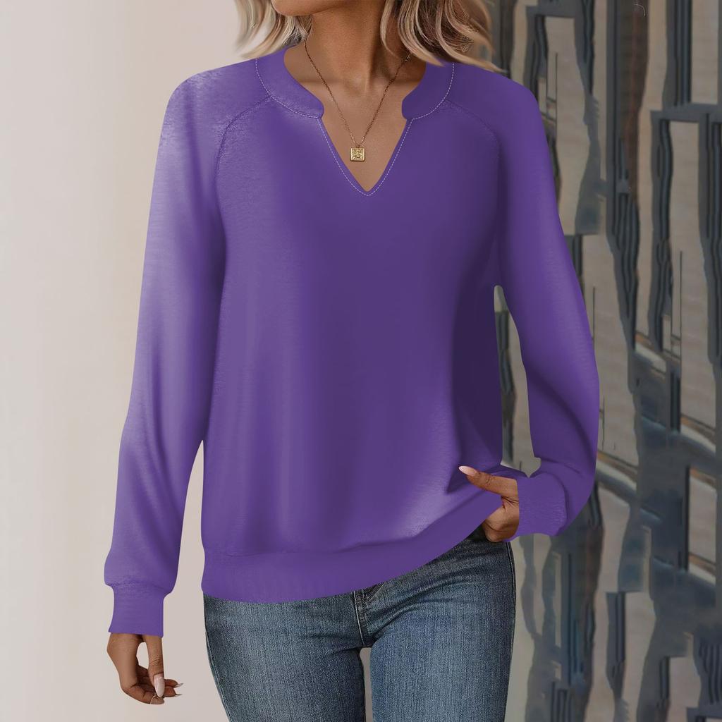 Damen Casual Langarm V-Ausschnitt Sweatshirt Einfarbig Lose Pullover Top