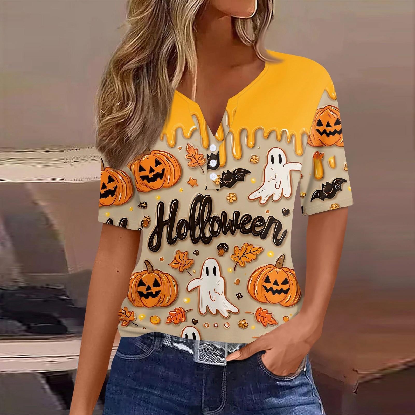 

Женская футболка с принтом на Хэллоуин, на пуговицах, с коротким рукавом, повседневная, для выходных, модная, базовая, с V-образным вырезом, обычный топ M хаки