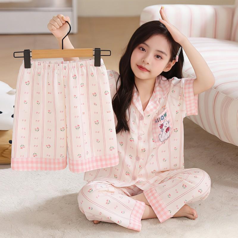 Girls Ice Silk Pajama Set Short Sleeve Long Pants Cartoon Print Comfortable Sleepwear Ages 8