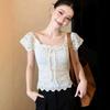 Korean Lace Shirt Splicing Square Neck Lace-up Short-sleeved T-shirt Women's Summer Design Pure Desire Style Spice Girl Slim Top