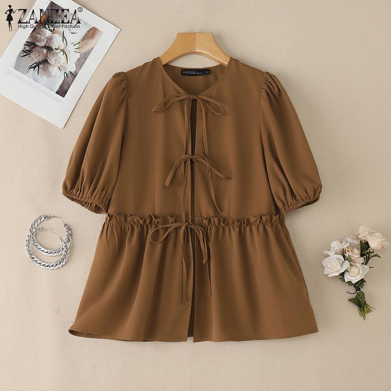 ZANZEA Bluză casual de damă cu șireturi, cu gât rotund, transparentă, de vară, cu mânecă scurtă